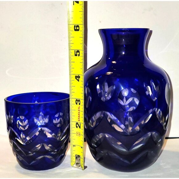 Bohemian Cobalt Blue Cut Glass Bedside Water Vase & Tumbler Set With Floral Etch - Picture 7 of 7